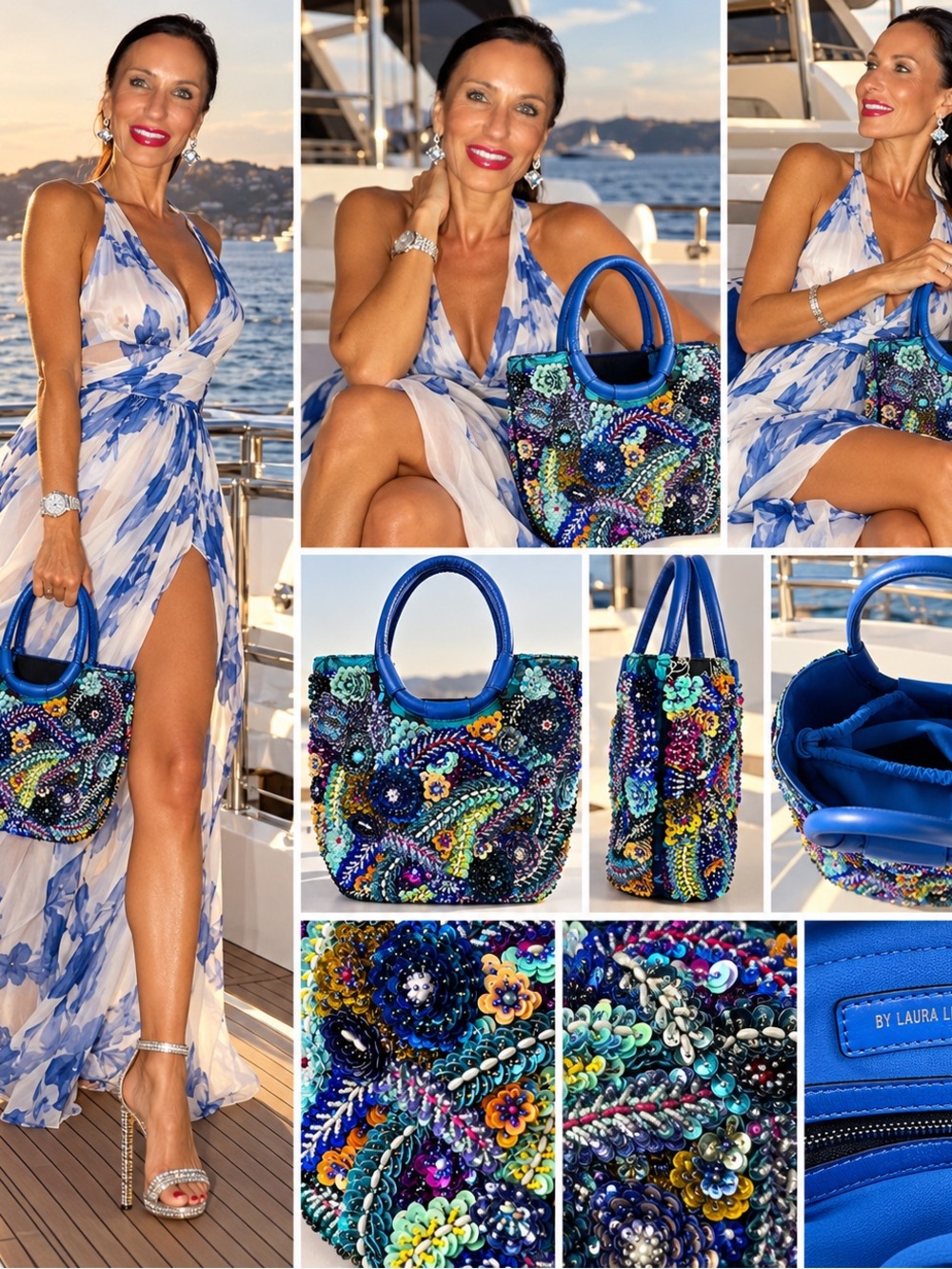 Laura Lee Design Hand-Beaded Sequin Floral Blue Statement Tote Bag